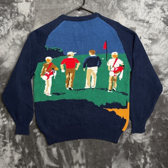 Vintage Hathaway Hand-Intarsia Knit Gold Swinger Club Pullover Crewneck Medium - Picture 7 of 8